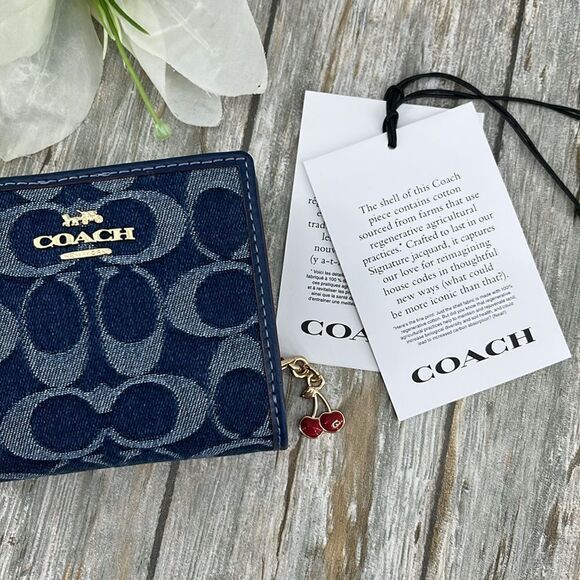 Coach Snap Wallet In Signature Denim With Cherry Charm Bag Purse - Picture 10 of 11
